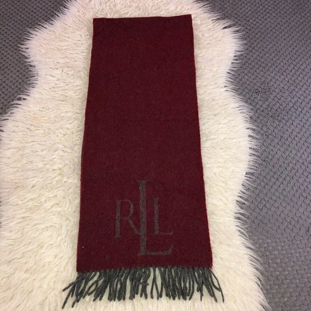 Lauren RALPH LAUREN Wool Red Gray 100% Virgin Lambswool Fringe Logo Italy